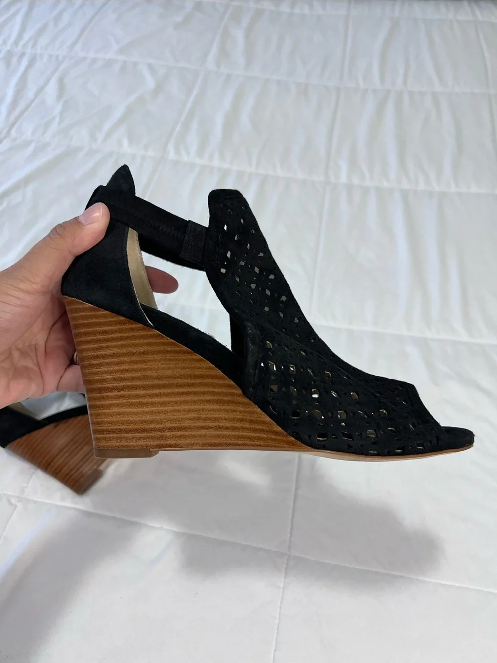 Cole Haan Black Laser-Cut Suede Wedge Sandals size 9